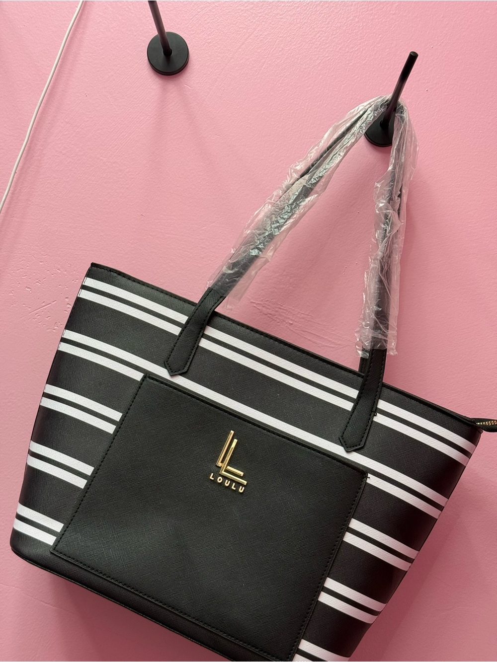 Ulu Black & White Striped Tote with Gold Logo